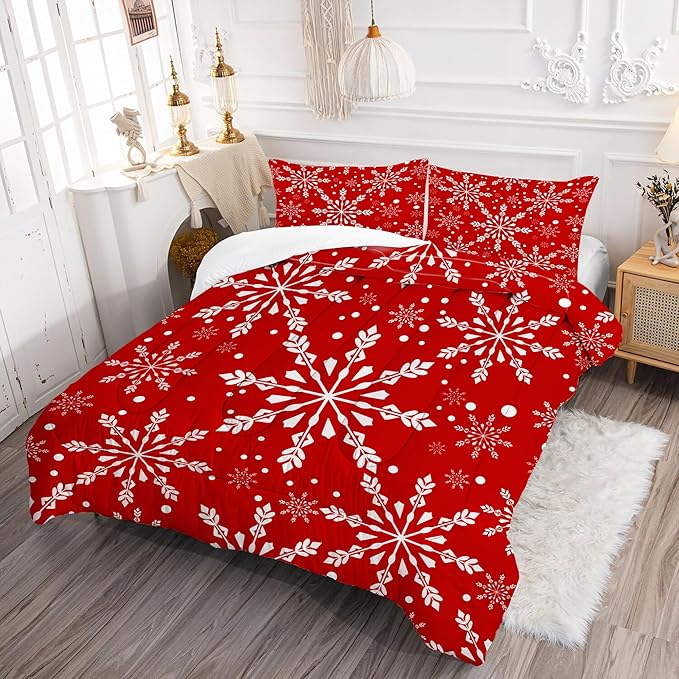 Comforter Set Christmas Snowflakes: Full Size Xmas White Snowflake Red Bedding Sets for Teens Girls Kids Women Adults Winter Festival Bedroom Decor 3 Piece Quilt Bed Set
