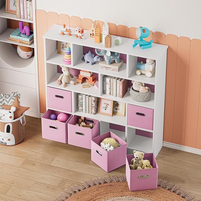 IRONCK Toy Storage Organizer with 6 Bins, Wooden 4-Tier Floor Standing Open Bookshelf Storage Cubby, 12-Cube Storage Shelf Bookcase, Kids Bookshelf and Toy Storage, Pink