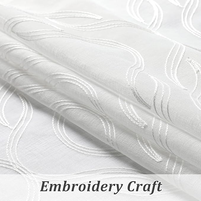 VISIONTEX Sheer Curtains 72 Inches Long 2 Panels Set, White Moroccan Embroidery Texture Geometric Rod Pocket White Voile Tulle Semi Window Treatment Pair for Bedroom, W54 x L72