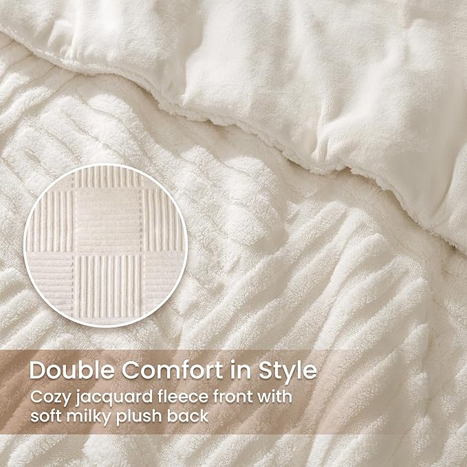 Amélie Home Queen Comforter Set, Beige Fleece Bedding Set with Stripe Jacquard, Soft Fluffy Bedding Set for Winter, 3 Pieces, 1 Warm Comforter and 2 Pillowcases