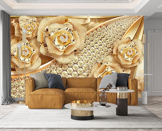 Golden Jewelry Diamond Rose Butterfly Wall Mural Wallpaper for Bedroom 103" x 69"