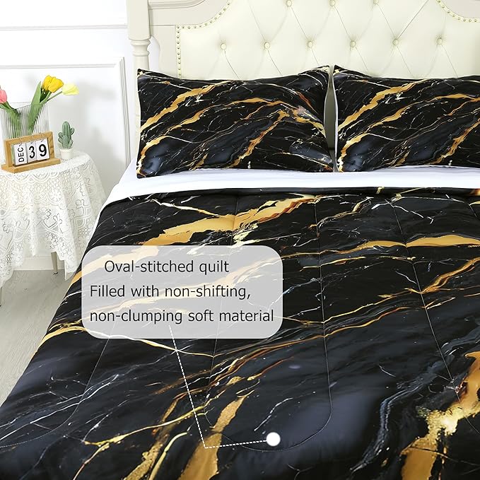 Black and Gold Marble Comforter: Full Size Abstract Marbling Bedding Sets Luxury Gold Glitter Quilt Bed Set for Teens Boys Adults Bedroom Decor 1 Comforter & 2 Pillowcases
