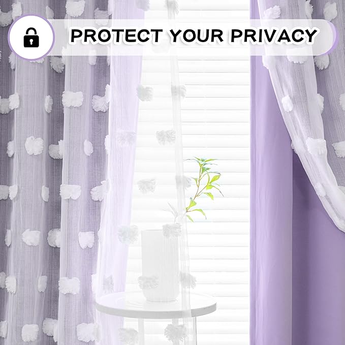 MYSKY HOME Light Blocking Lilac Curtains for Living Room White Sheer Pom Pom Kids Room Decor Drapes 102 Inches Long Double Layer Curtain for Sliding Door Grommet Window Panels Set of 2 52" x 102"