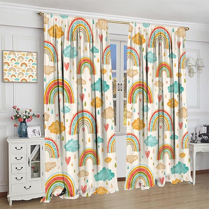 Boho Rainbow Curtains for Kids Nursery Colorful Floral Sun Star Clouds Pastel Bohemian Pattern Print Window Drapes for Girl Bedroom Living Room Kitchen Decor,2 Panel Set,52Wx84H Inch Blackout