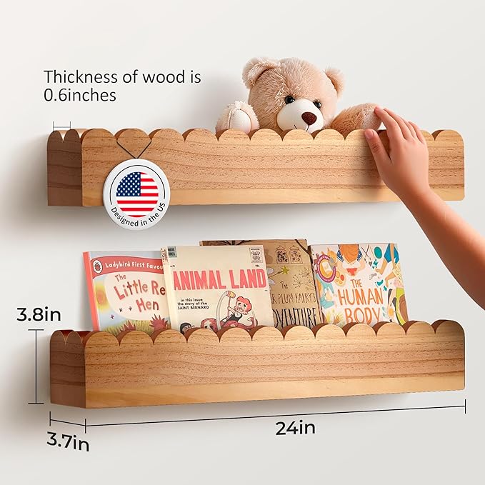 Set of 2 Pre-Assembled Floating Nursery Book Shelves, Scalloped Book Shelf - Kids Wall Bookshelf, Nursery Decor, Floating Shelves for Wall (24 inches)