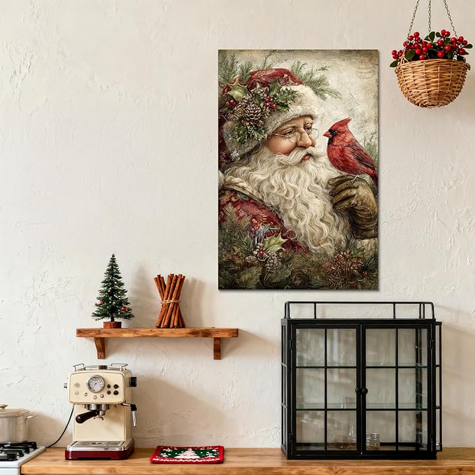 YONICA Christmas Canvas Wall Art Santa with Cardinal 24x32 Inch Vintage Style with Red Bird - Large Framed Gallery Wrapped Wildlife Art