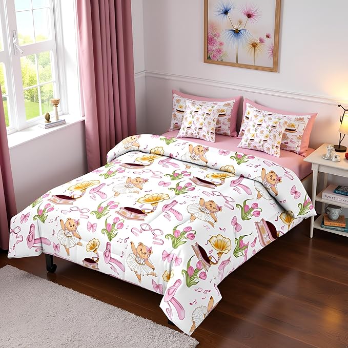 Pink Bowknot Princess Comforter Queen Size,Ballet Shoes Bear Dancer Cartoon 7 Pcs Bedding Set,Tulip Flower Music Note Record Decor,Bow Tie Romantic （Fitted+Sheet+2 Pillowcases+2 Throw Pillow Covers）