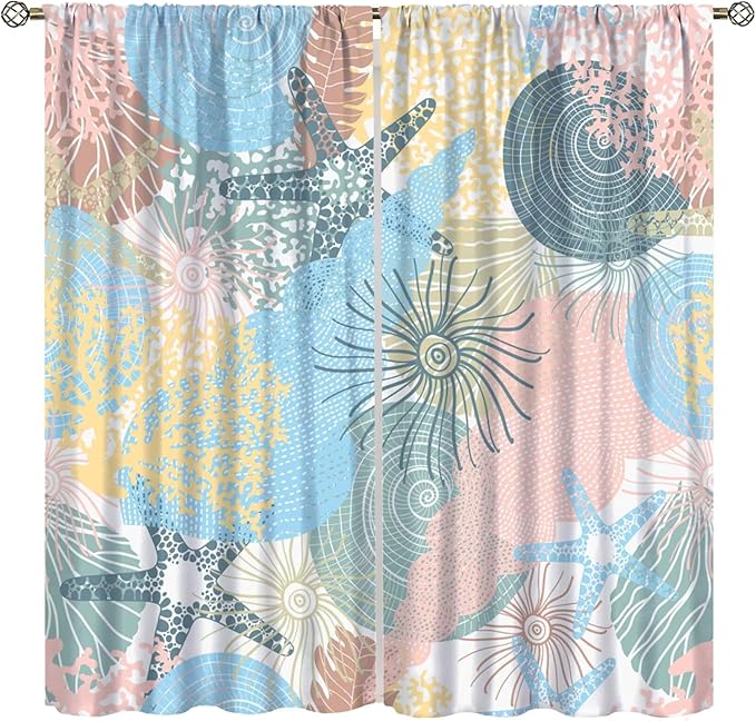 Nautical Blackout Curtain Beach Theme Starfish Seashell Nautical Rustic Ocean Sea Vintage Retro Coastal Summer Bedroom Set 2 Panels,42x45 Inches
