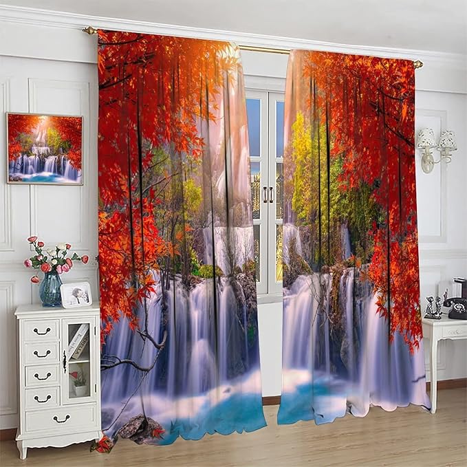 Forest Waterfall Blackout Windows Curtains, Autumn Red Green Maple Leaves Jungle Rainforest Natural Scenery Landscape Curtains, for Living Room Bedroom 42x63in 2 Panels