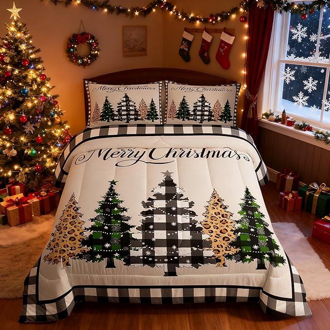 Merry Christmas Kids Comforter Set Full Size,Leopard Plaids Pines Trees Bedding,Girls Boys Adults Bedroom/Xmas Cabin Decor,Geometric Grids Retro Down Comforter,Rustic Duvet Insert,2 Pillowcases