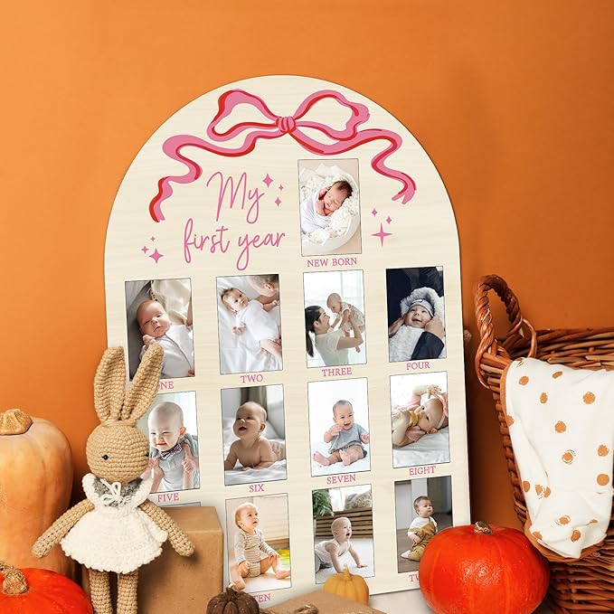 My First Year Milestone Photo Board, One Year of Wood Photo Board, 12 Monthly Baby Picture Frame, Pink Bow Nursery Decor, Girl Boy 1st Birthday Decorations, Baby Shower Keepsake Best Gift-A16