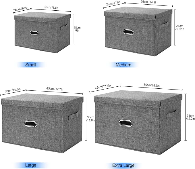 Large Linen Fabric Foldable Storage Bins with Removable Lid and Handles, Washable Storage Box Organizer Containers Baskets Cube with Cover for Bedroom,Office(Black, Extra Large)