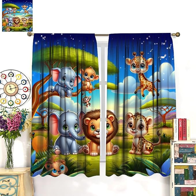 Jungle Safari Window Curtains for Kids Boys Girls Watercolor Cartoon Forest Animals Baby Living Room Bedroom Nursery Toddler Rod Pocket Drapes 63" W X 63" L