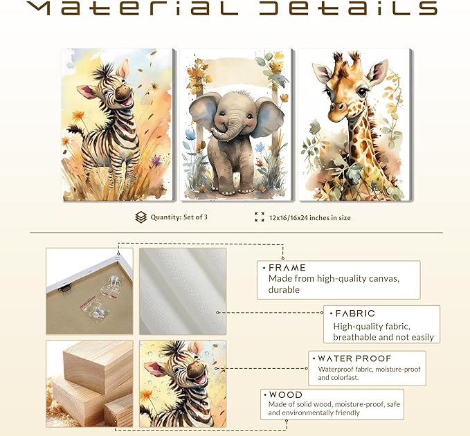 Woodland Animal Wall Art Set of 3, Wild Animals Nursery Picture Wall Decor Canvas, Cute Giraffe Elephant Zebra Watercolor Poster Print Artwork for Boys Girls Room Decoration – 12x16 inch