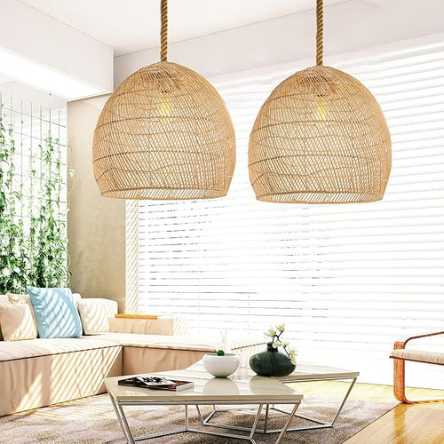 Arturesthome Natural Rattan Pendant Light for Kitchen Island, Woven Rope Lamp Shade, Hanging Ceiling Light Shade, Handmade Lampshade Chandelier D 23.6in*21.6in