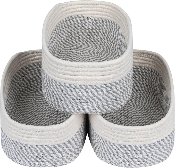 CubesLand Small Baskets, Storage Baskets for Organizing Shelves, Rectangular Woven Storage Basket Natural Cotton Rope Bins Closet Baby Nursery Empty Gifts Basket Off White/Mixed Gray