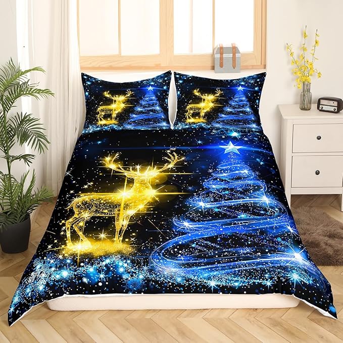 Christmas Duvet Cover Set Twin Size Gold Reindeer Bedding Set 2pcs for Kids Boys Girls Room Decor Blue Christmas Tree Comforter Cover Western New Year Theme Quilt Cover with 1 Pillowcase,No Comforter