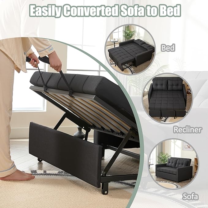 52" Sleeper Sofa with Pull-Out Bed, 3-in-1 Convertible Sofa Bed, Loveseat with Stepless Adjustable Backrest and Side Pocket, for Living Room Dorm Apartment, Linen, Black