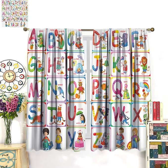 Kids Alphabet Curtains Cartoon Animal Funny Education Learning Curtain with Rod Pocket for Bedroom Nursery Children Toddler Decor Drapes Window Treatments 2 Panels Set 63" W X 72" L