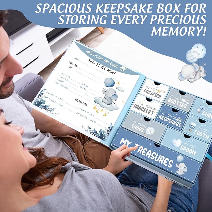 Baby Keepsake Box Newborn Memory Organizer with 9 Labeled Compartments First Keepsake Book Gift Box for Pregnancy Mother"s Day Baby Shower New Maternity(Blue,Blue Elephant)