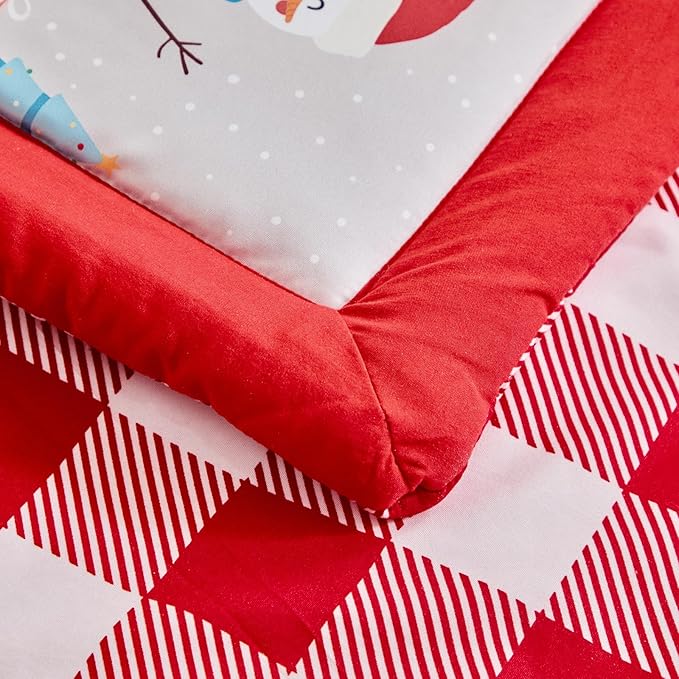 Christmas Crib Bedding Set 3 Pcs with Santa Snowman Red White Design, Quilted Comforter Fitted Sheet & Bed Skirt, Holiday Baby Crib Set