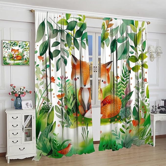 Kids Fox Blackout Curtain Cute Cartoon Fox Window Treatment for Girls Boys Bedroom Wildlife Woodland Animal Botanical Plant Window Drapes for Living Room Teens Nursery W63xL72