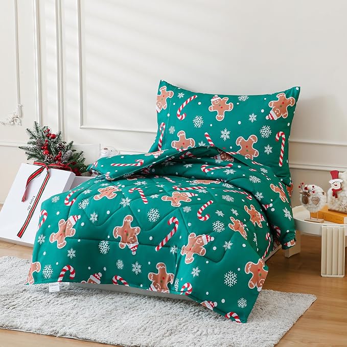 LONAVA Twin Kids Comforter Set - 4 Pieces Twin Bedding Sets for Boys Girls Children, Ultra Soft Microfiber Bed in A Bag with Flat Fitted Sheets, Gingerbread Man