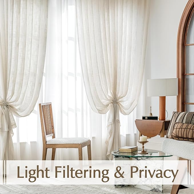 FMFUNCTEX Linen Semi Sheer Curtains for Living Room, Natural Curtains 108 Inches Long for Bedroom, Farmhouse Sheer Extra Long Drapes, Light Filtering Window Curtain, Grommet Top 2 Panels