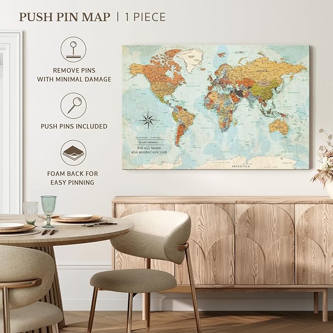 ElephantStock - Personalized Wanderer Push Pin World Map Wall Art - Horizontal Canvas Wall Art - Living Room Wall Decor - Digital Art Map Canvas Art - Orange And Blue Decor - 48" x 32"