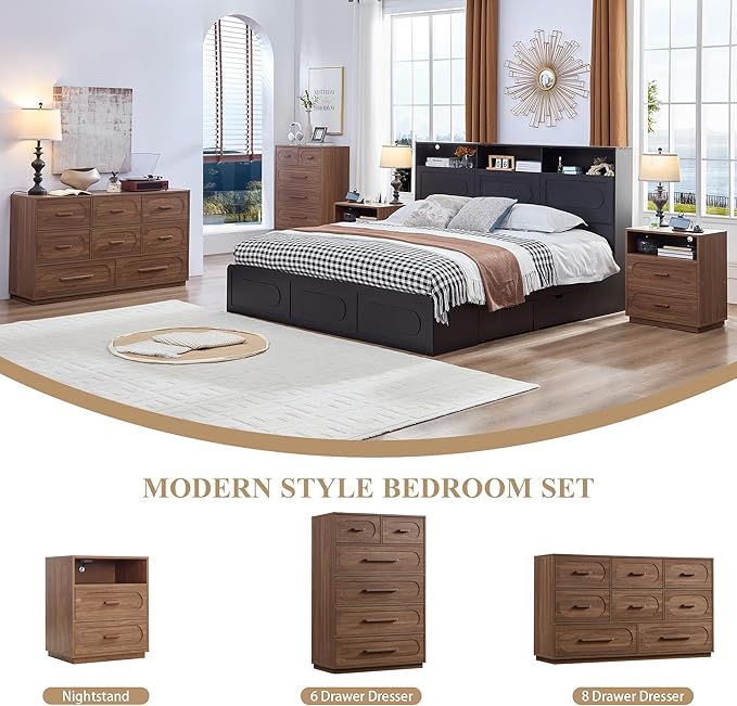Walnut 6 Drawer Dresser for Bedroom, 44" Tall Dressers & Chest of Drawers with Solid Wood Handle, Wood Storage Dressers Organizer for Bedroom, Living Room