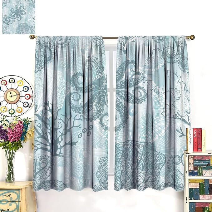 Coastal Window Curtains,Nautical Beach Themed Thermal Insulating Blackout Curtain for Living Room, Bedroom Set 2 Panels,52x84 Inches