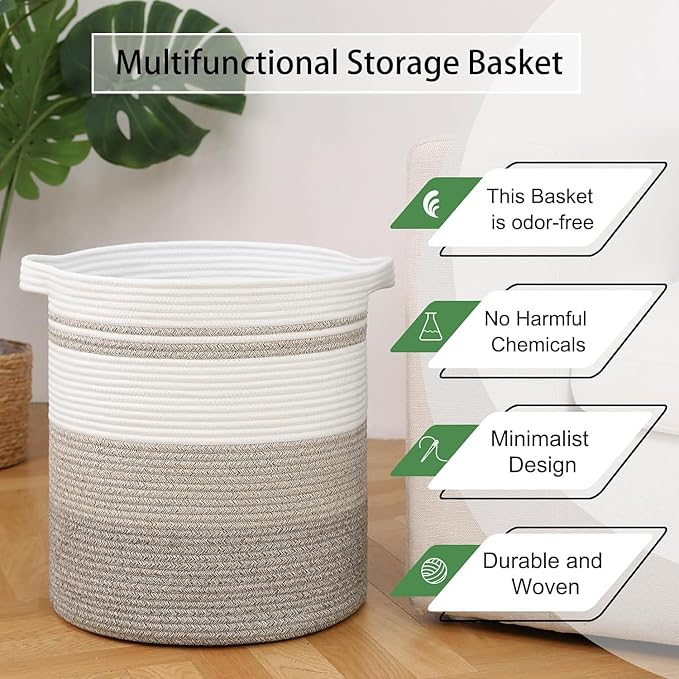 laundry hamper 18x18x20,80L – large basket for blankets, toy basket,Cotton Rope Blanket Basket Living Room, Baby Laundry hamper for Blanket, Nursery, –stuffed animal storage ( Triple brown)