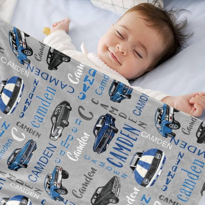 Personalized Car Blanket with Name for Boys, Custom Name Blanket for Teen, Soft Flannel Car Toddler Teen Blanket Customized Gift for Birthday New Year Gift 50"x60"