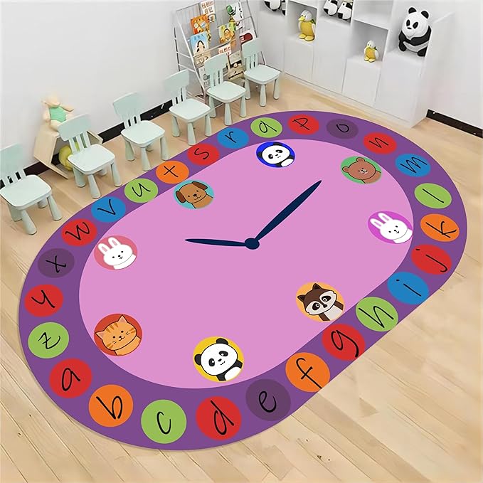 Children's Area Rugs, 5x6ft, Alphabet Animal Early Learning Oval Rug, Cartoon Animal Pointer Print Playmat, Non-Slip Washable Purple Floor Carpet for Kids Room Classroom Nursery