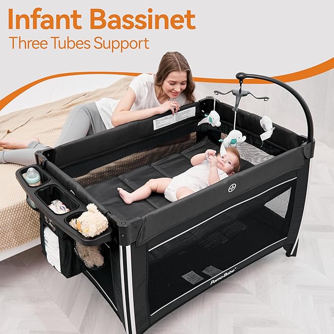 Pamo Babe 4 in 1 Baby Playards with Bassinet & Changing Table, Portable Crib Breathable Mesh and Toy Mobile