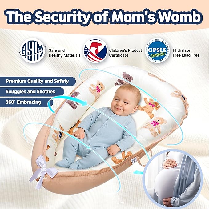 Baby Lounger for Newborn 0–24 Months, Baby Pillow & Baby Nest Lounger, Organic Cotton Breathable Infant Pillow, Portable Baby Nest for Home & Travel (Ivory)