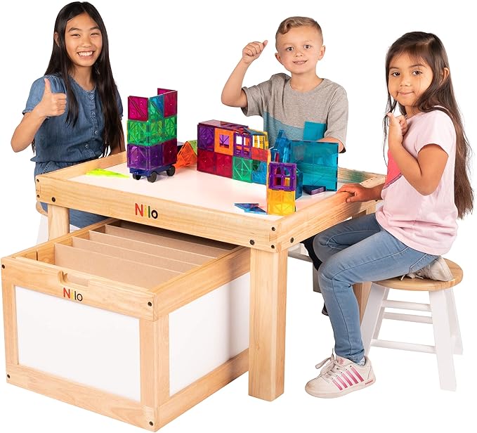 NILO Kids Play Table Set with 2 Compatible Lego Duplo Detachable Two-Sided Baseplates/Boards/Mats (N34 Activity Table w/Holes, 24x32x20 and 2X Green Base Plates 12x32)