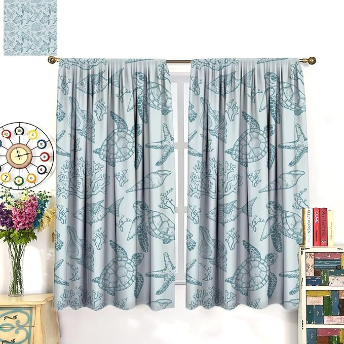 Turtle Starfish Curtains,Coral Starfish Seashell Beach Sea Seashell Theme Pattern Blackout Print Home Bedroom Living Room Window Treatmen 2 Panel Set 63x72 Inch