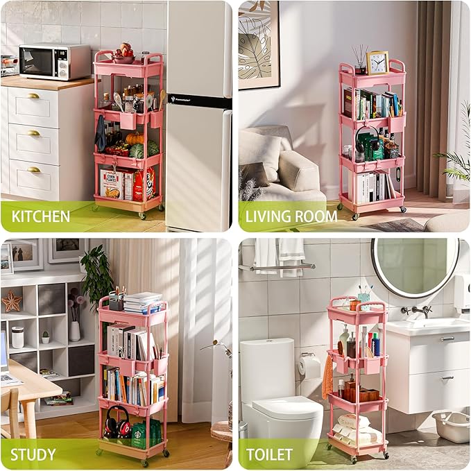 4 Tier Rolling Cart Organizer,Art Craft Diaper Bedside Snack Laundry Room Bathroom Organizer Narrow Thin Slim Rolling Trolley Utility Cart with Wheels for Kitchen,Office(Pink)