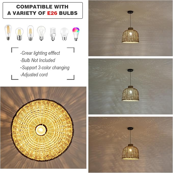 13.8in Rattan Lighting Wvoen Wicker Dome Pendant Lighting Rustic Chandelier for Kitchen Island, Coastal Ceiling Rattan Pendant Lights Ceiling for Living Room Dining Room Foyer Restaurant