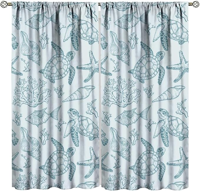 Turtle Starfish Curtains,Coral Starfish Seashell Beach Sea Seashell Theme Pattern Blackout Print Home Bedroom Living Room Window Treatmen 2 Panel Set 42x45 Inch
