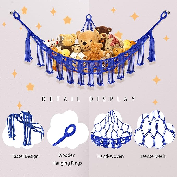 Stuffed Animal Hammock with LED Light, Large Stuffed Animals Storage Corner Plushie Net for Kids Room Decor, Jumbo Royal Blue