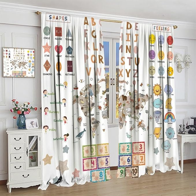 Kids Educational Curtain,Pastel ABC Alphabet Continents Map Numbers Shapes Weather Learning Tools Boy Girl Nursery Rod Pocket Blackout Window Treatments for Bedroom Living Room 72" W X 63" L