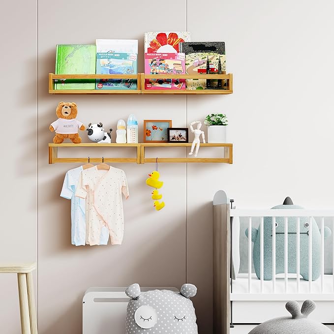 Ollieroo Set of Four Floating Book Shelves for Wall, Nursery Book Shelf for Kids Room, Bamboo Wood Hanging Bookshelf for Baby Teen Boys Girls, Wall Mounted Shelves for Bedroom Bathroom Decor(Natural)