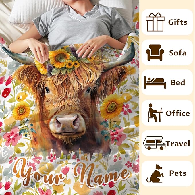 Custom Highland Cow Blanket Gifts with Name - 60x50 Inches Vintage Throw Blanket for Women, Girls - Colorful Soft Fuzzy Blankets for Bed Couch - Gift for Mom Daughter Grandma