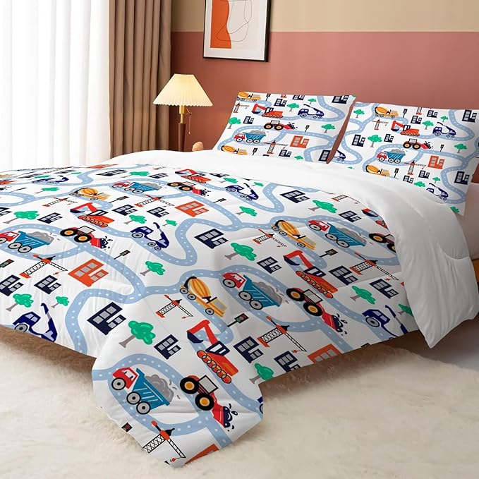 Construction Comforter Set Full: Cartoon Cars Comforter Set for Boys Kids Teen Children White Truck Bedding Bedroom Dorm Quilt 1 Comforter + 2 Pillow Cases