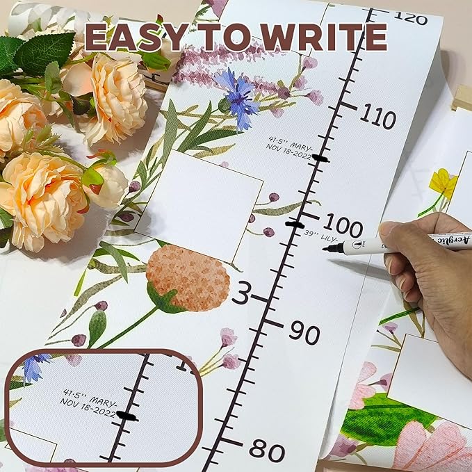 Wildflowers Baby Growth Height Chart with Keepsake Box Hook Pen Set 79 Inches Removable Ruler Measuring Chart Waterproof Canvas Measure Removable Wall Decor for Baby Kids Toddlers (1, Wild Flower)