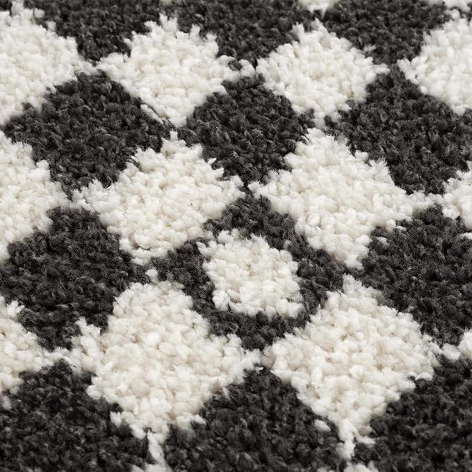 Hauteloom Kieu Contemporary Checkered Fluffy Shag Runner Rug - Modern Geometric Soft Carpet Tiles for Hallway, Kids Room, Nursery - Black, White - 2'7" x 7'3"