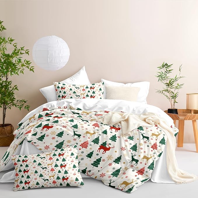 Christmas Duvet Cover Full Size Green Christmas Tree Bedding Set Kids Boys Girls Xmas Deer Pattern Comforter Cover 3 Pieces with Zipper Closure (No Comforter)