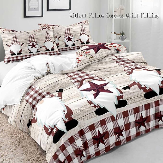 LUVIVIHOME 3PCS Christmas Gnome Duvet Cover King Bedding Set, Primitive Country Rustic Farmhouse Bedding, Holly Berry Star Red Buffalo Plaid Checkered Comforter Bedspread Quilt Cover, 2 Pillow Shams